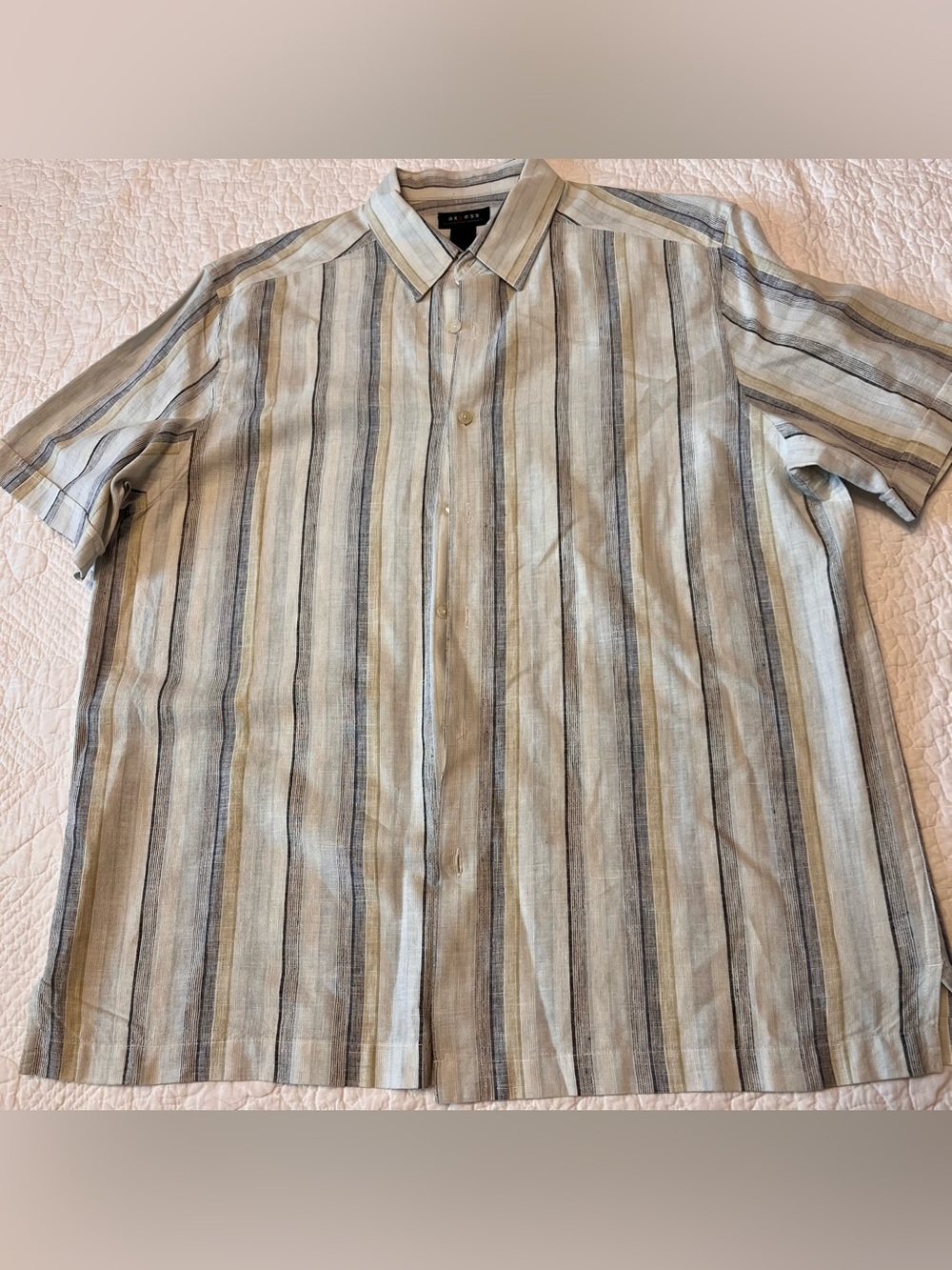 AXcess men’s short sleeve striped linens blend button down casual shirt sz Large